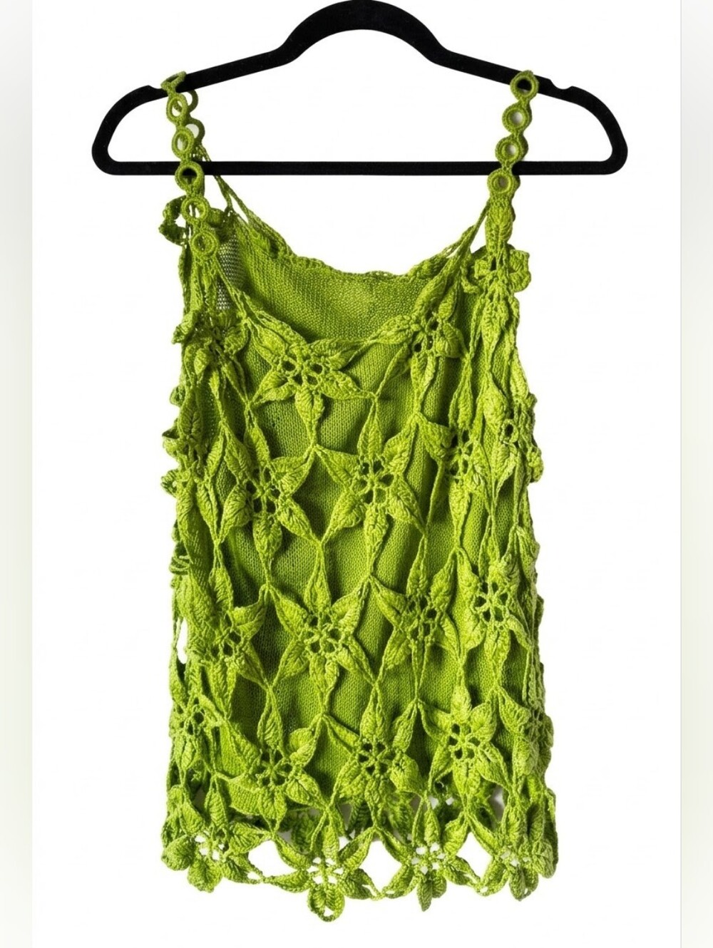 VTG Handmade Lime Green Crocheted/Knitted Lined Floral Top Small